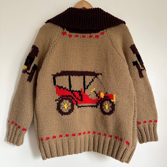 Vintage Cowichan Wool Knit Zip Cardigan Sweater Coat Retro Car Pattern 60s - Picture 6 of 10